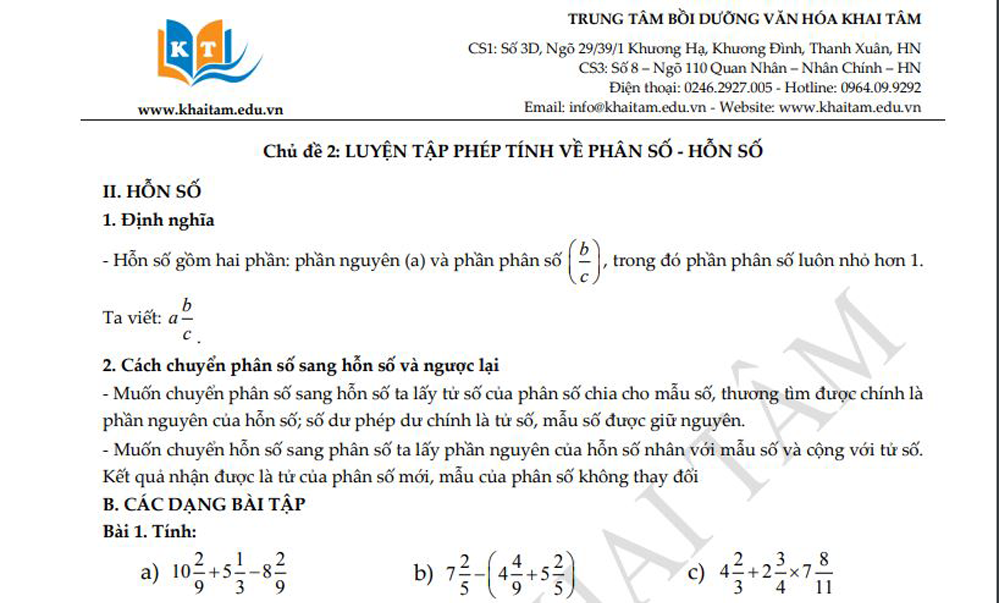Toán CLC5 - Phiếu 2 Luyện tập Hỗn số