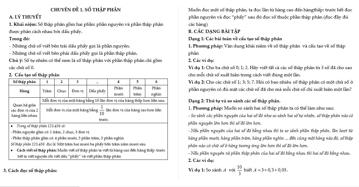 Toán CLC 5 - Phiếu 3 Chuyên đề số Thập phân